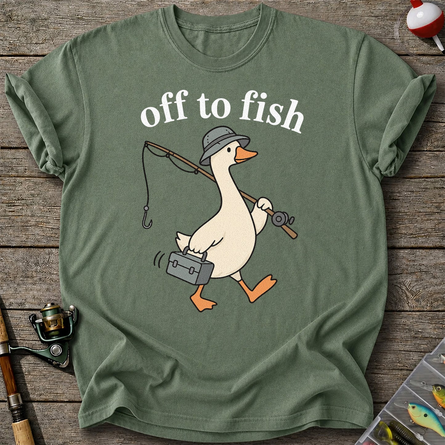 Off to Fish Funny Fishing Goose Graphic T-Shirt