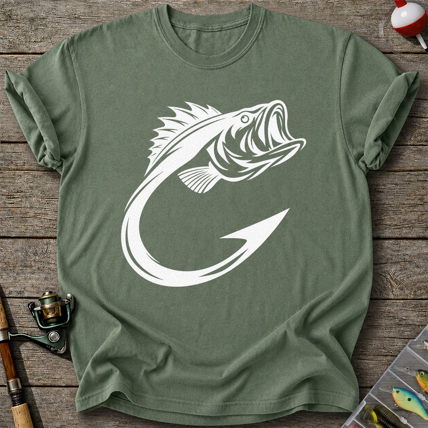Bass Fish Hook Silhouette Fishing Graphic T-Shirt