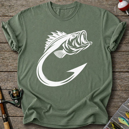Bass Fish Hook Silhouette Fishing Graphic T-Shirt