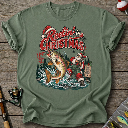 Reelin' in Christmas Santa and Rainbow Trout Fishing T-Shirt