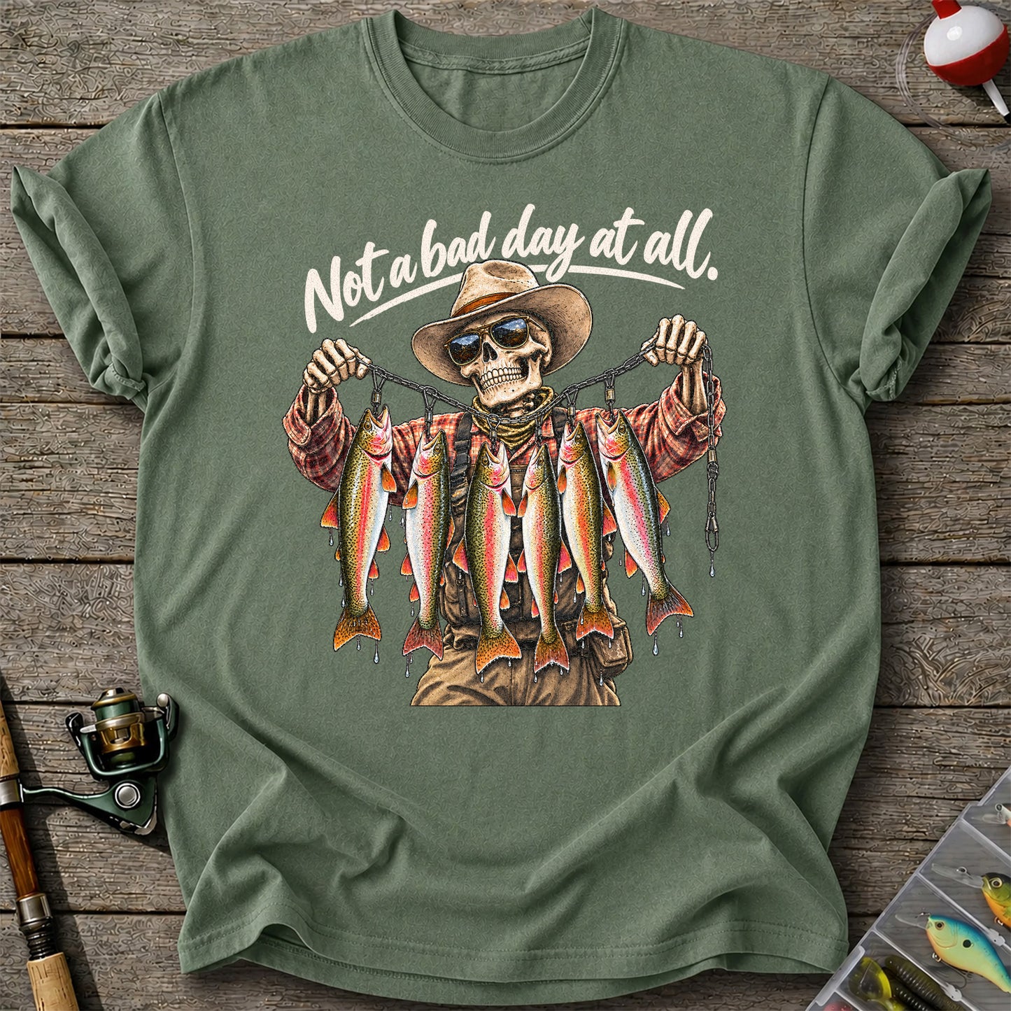 Not a Bad Day at All Skeleton Cowboy Rainbow Trout Fishing T-Shirt