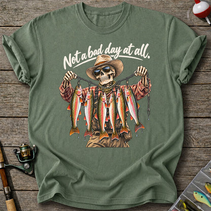 Not a Bad Day at All Skeleton Cowboy Rainbow Trout Fishing T-Shirt