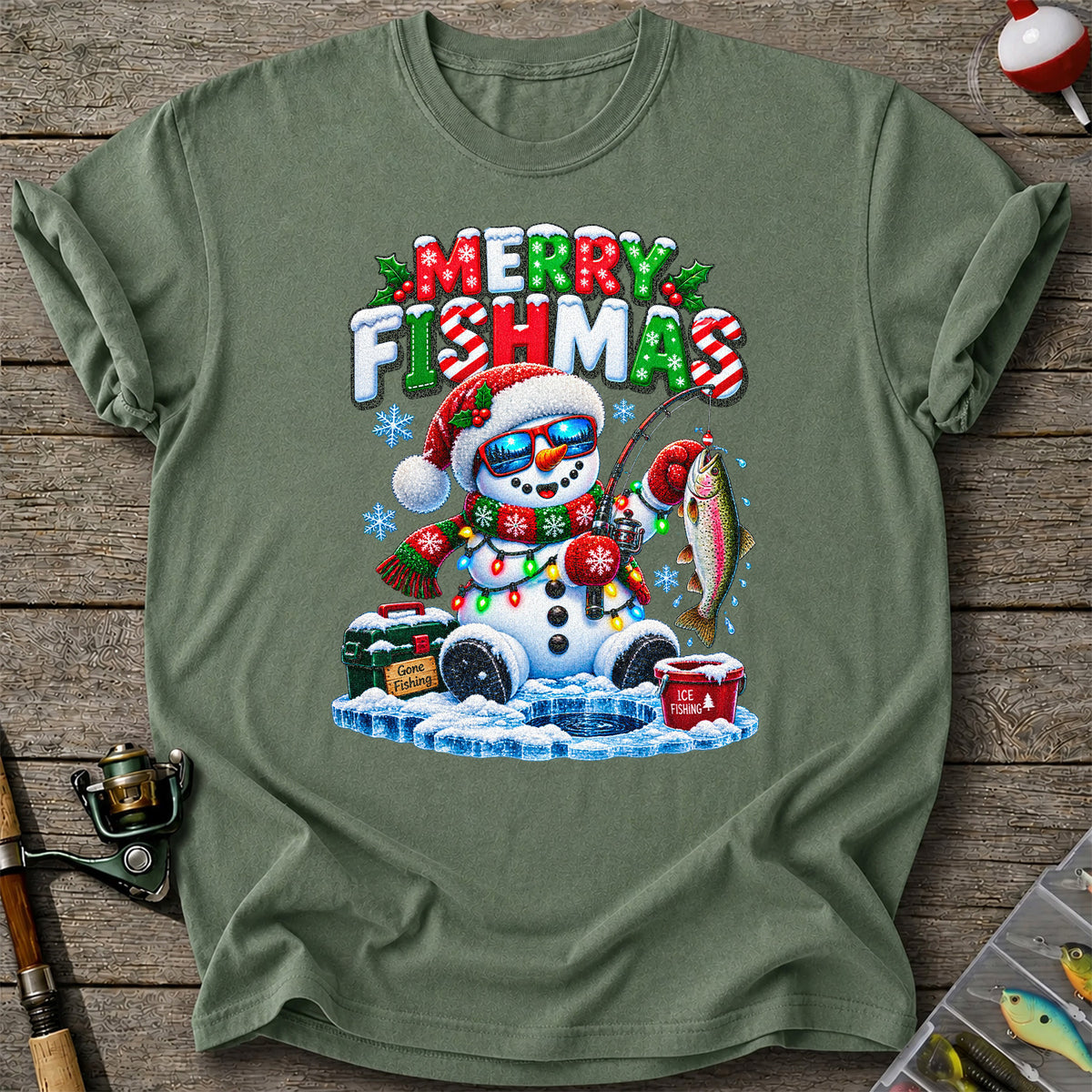 Merry Fishmas Gone Fishing Snowman and Rainbow Trout Ice Fishing Christmas T-Shirt