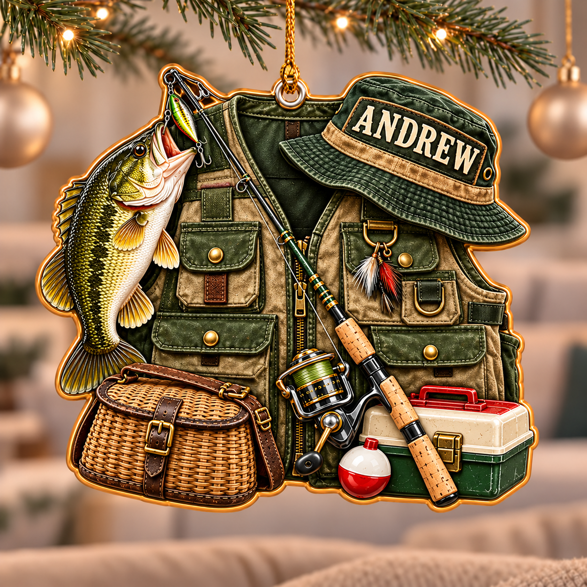 Personalized Fishing Vest Christmas Acrylic Ornament, Xmas Gift
