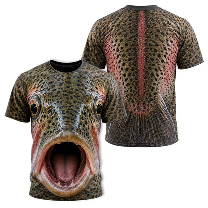 Funny 3D Trout T-Shirt, Realistic Fish Face All Over Print Shirt for Fishing Anglers