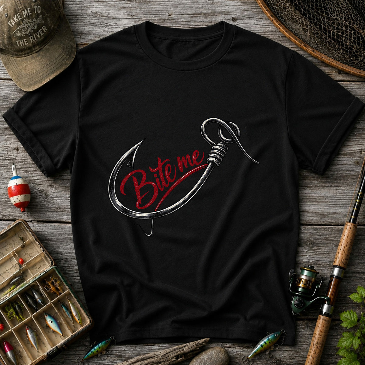 Bite Me Fishing Hook Funny Graphic T-Shirt