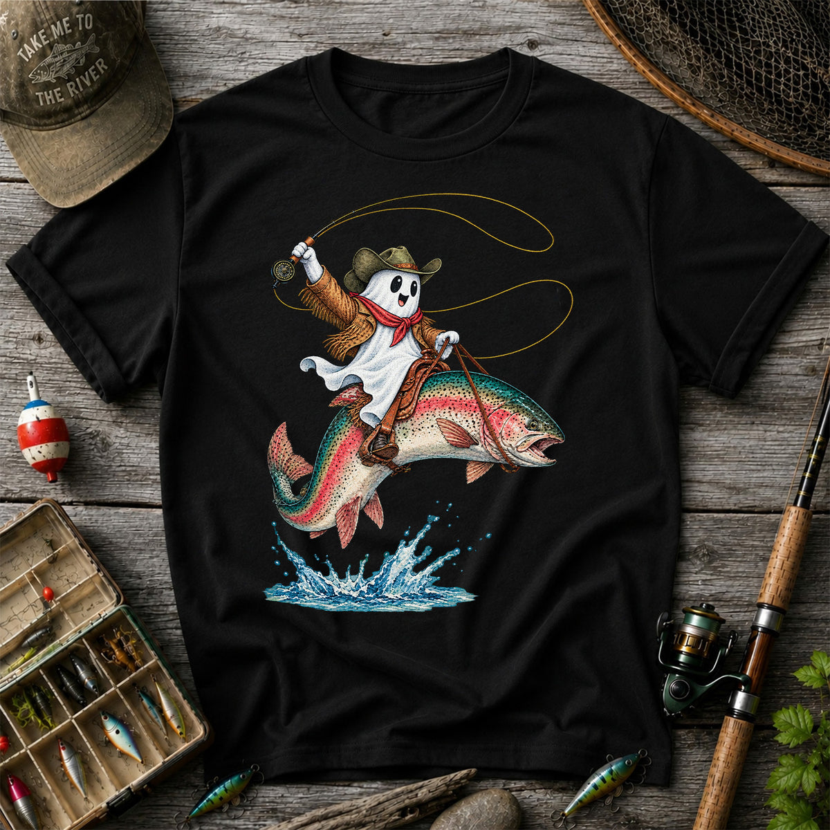 Ghost Cowboy Riding a Rainbow Trout Halloween Fishing T-Shirt