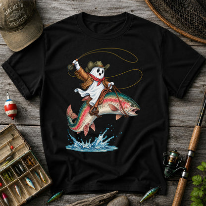 Ghost Cowboy Riding a Rainbow Trout Halloween Fishing T-Shirt