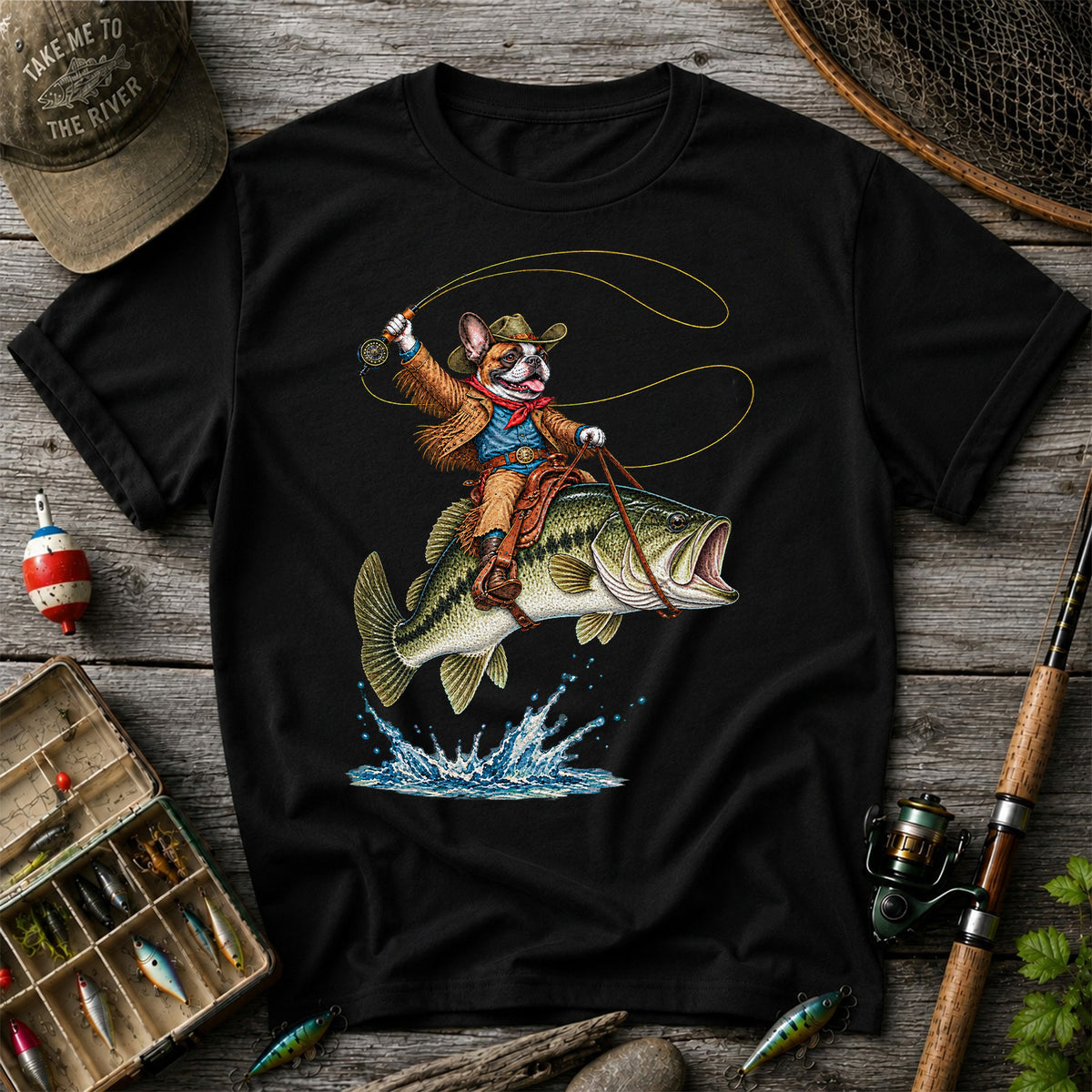 French Bulldog Cowboy Riding a Bass Fishing Graphic T-Shirt