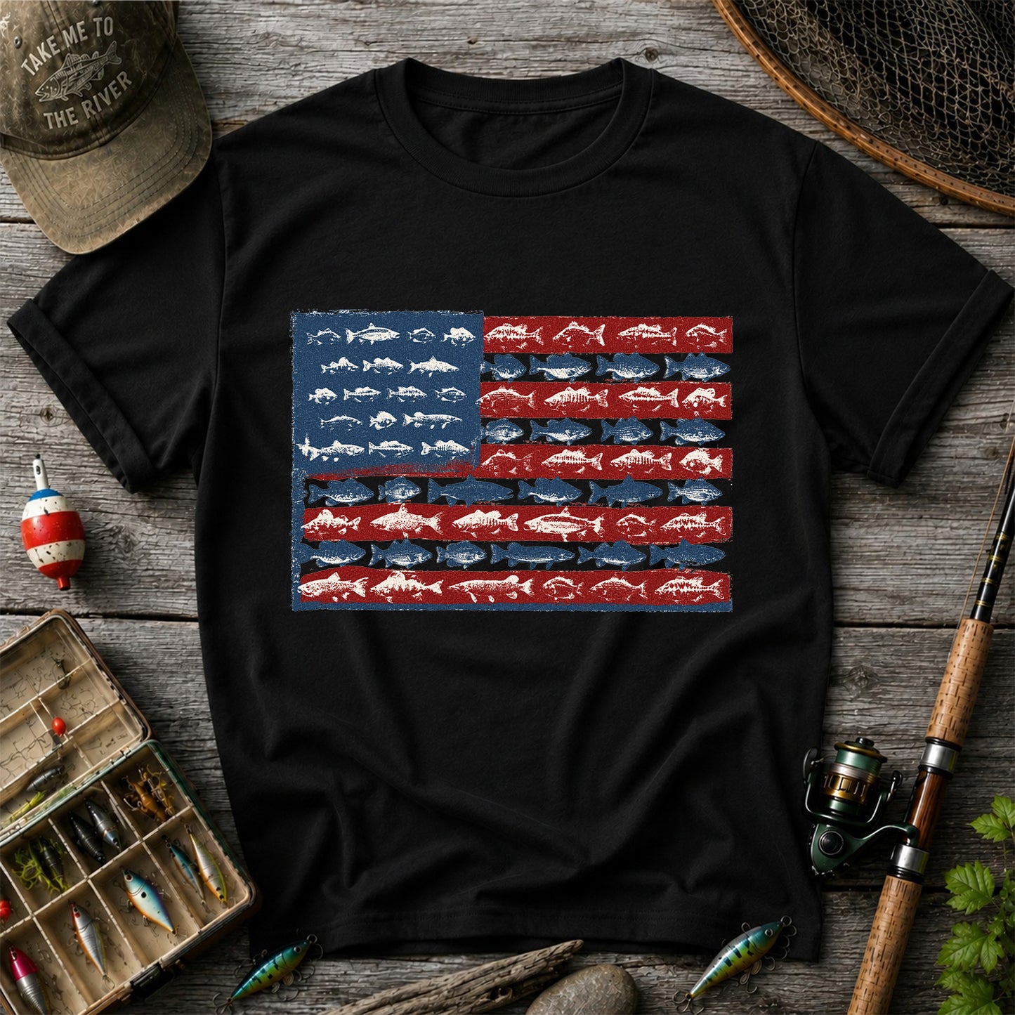 American Flag Made of Fish Patriotic Fishing Graphic T-Shirt
