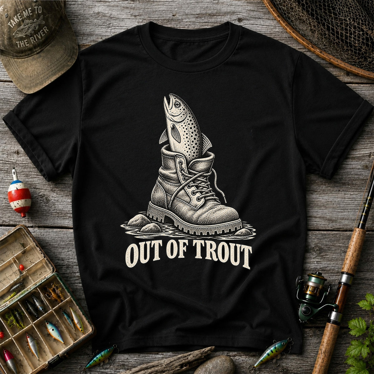 Out of Trout Funny Trout in a Hiking Boot Fishing T-Shirt