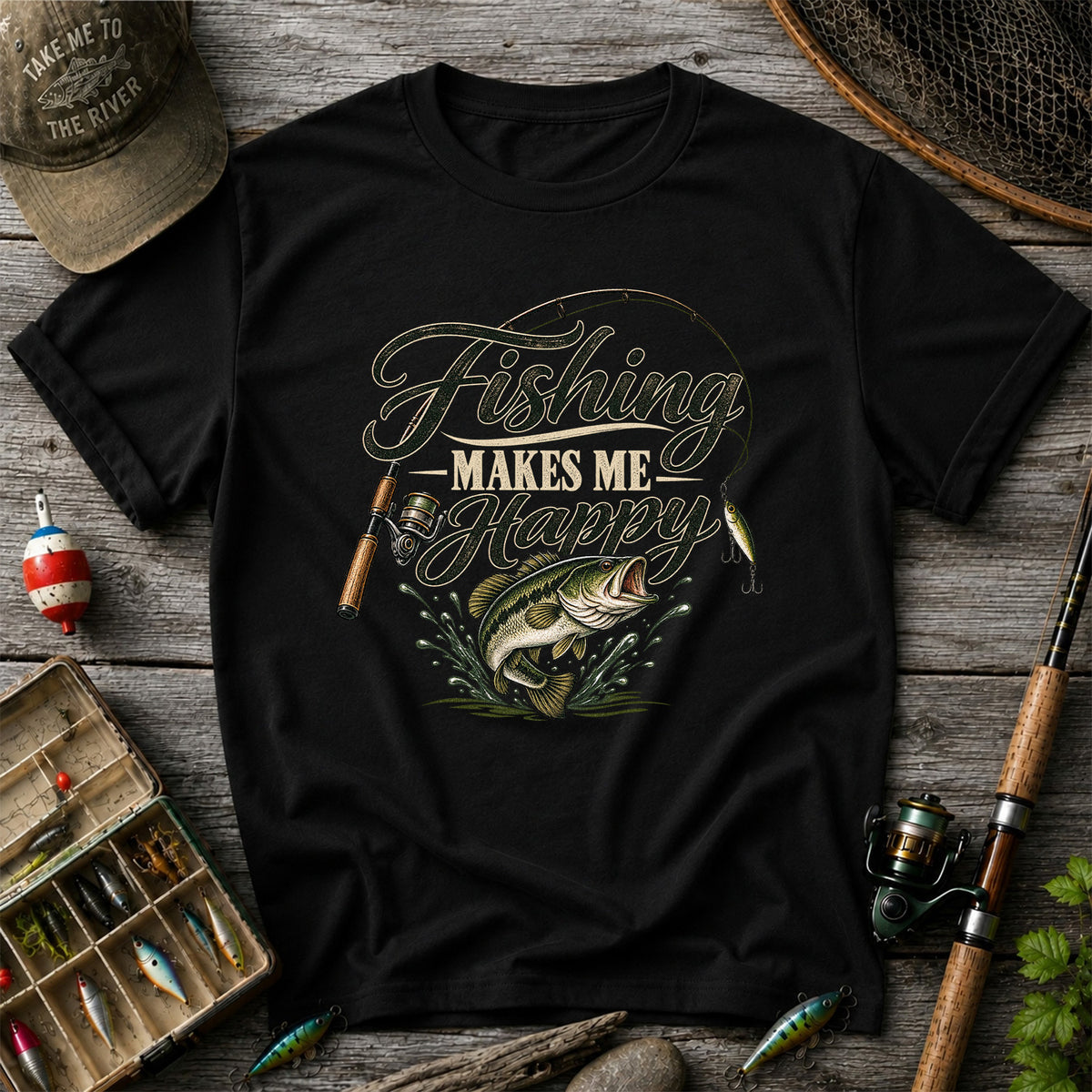 Fishing Makes Me Happy Bass Fishing Graphic T-Shirt