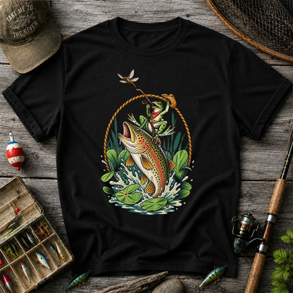 Frog Riding a Rainbow Trout Fishing Graphic T-Shirt
