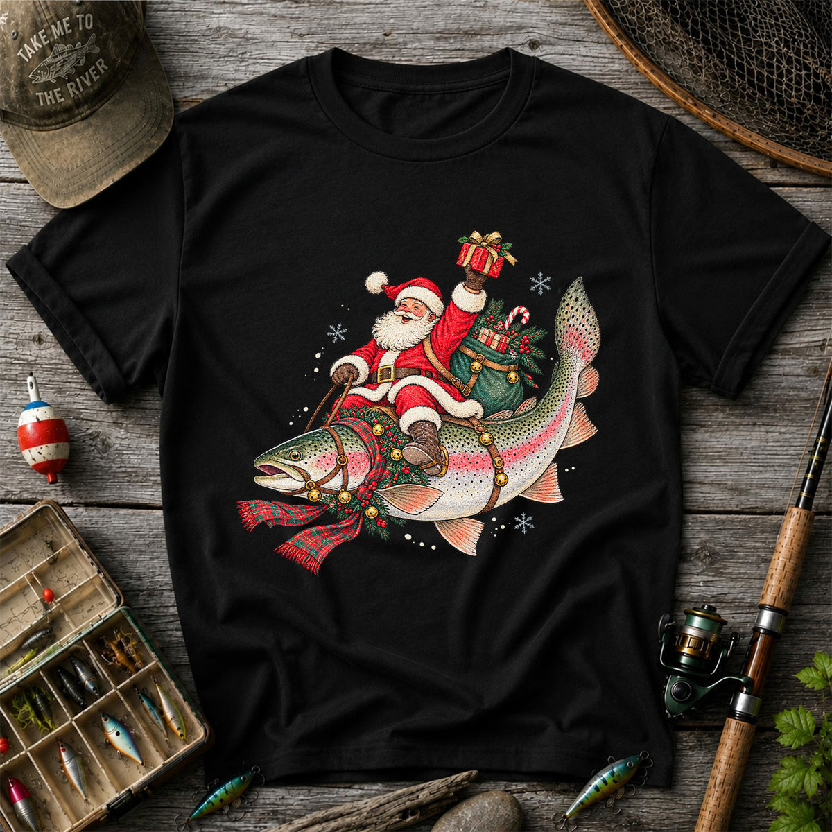 Santa Riding a Festive Rainbow Trout Christmas Fishing Graphic T-Shirt