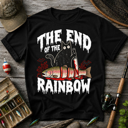 The End of the Rainbow Black Cat and Rainbow Trout Halloween Fishing T-Shirt