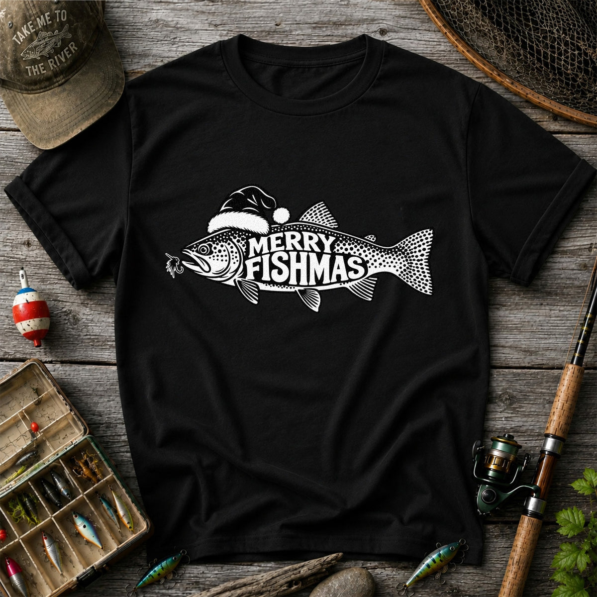 Merry Fishmas Black and White Trout Christmas Fishing T-Shirt