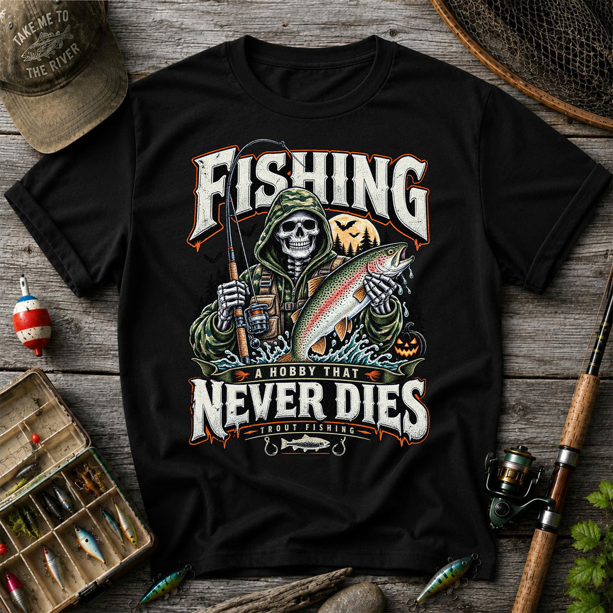 Fishing A Hobby That Never Dies Skeleton Holding Rainbow Trout Halloween T-Shirt