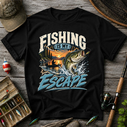 Fishing Is My Escape Jumping Bass and Sunset Lake Graphic T-Shirt