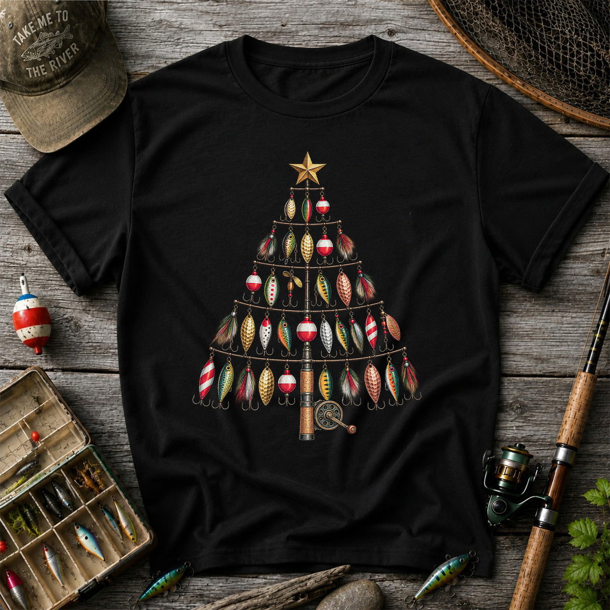 Fishing Lure Christmas Tree with Rod and Reel Graphic T-Shirt