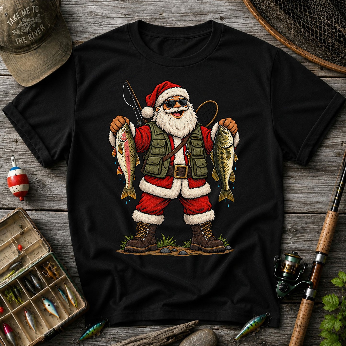 Santa Holding Rainbow Trout and Bass Christmas Fishing Graphic T-Shirt