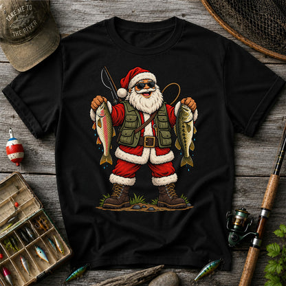 Santa Holding Rainbow Trout and Bass Christmas Fishing Graphic T-Shirt