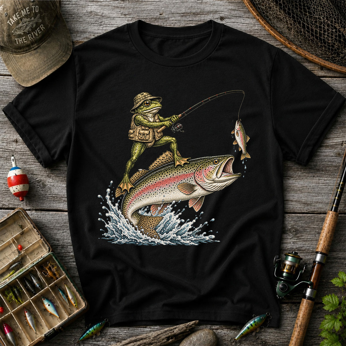 Frog Angler Riding a Rainbow Trout Fishing Graphic T-Shirt