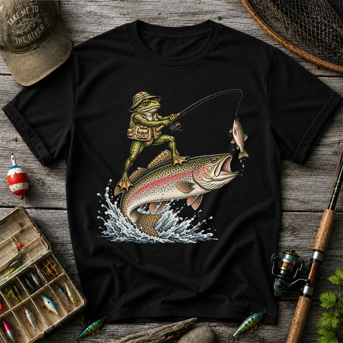 Frog Angler Riding a Rainbow Trout Fishing Graphic T-Shirt