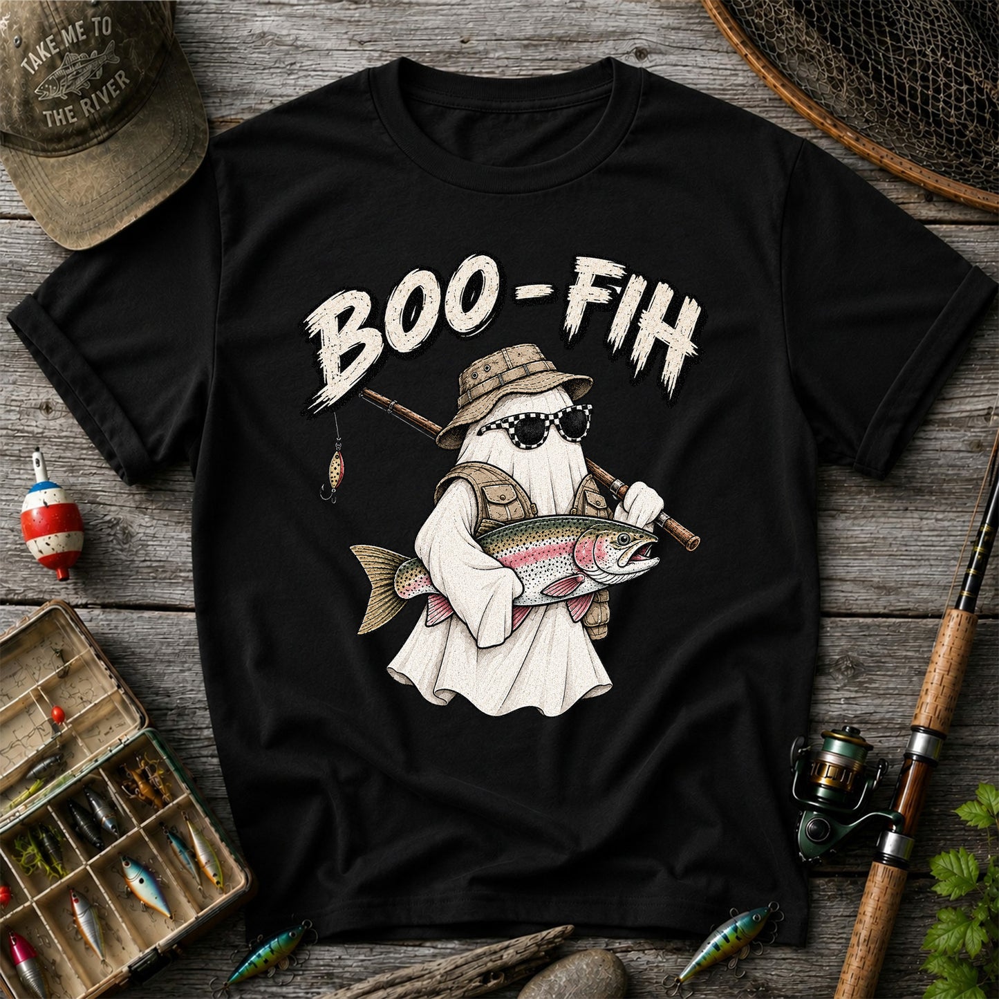 Boo-Fish Ghost Holding Rainbow Trout Fishing Graphic T-Shirt