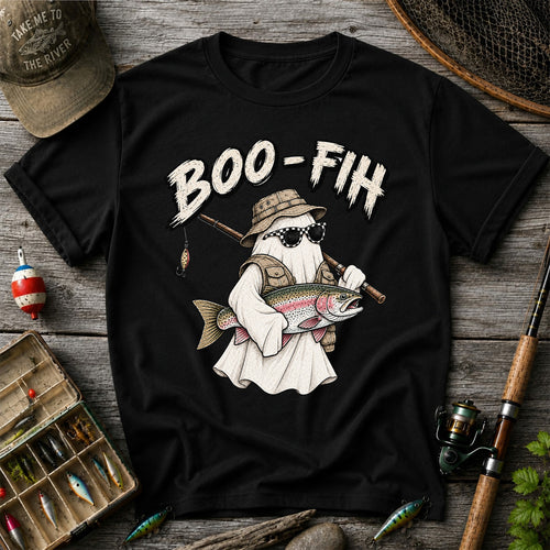 Boo-Fish Ghost Holding Rainbow Trout Fishing Graphic T-Shirt