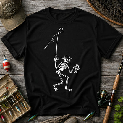 Skeleton Angler Holding a Fish Line Art Fishing T-Shirt
