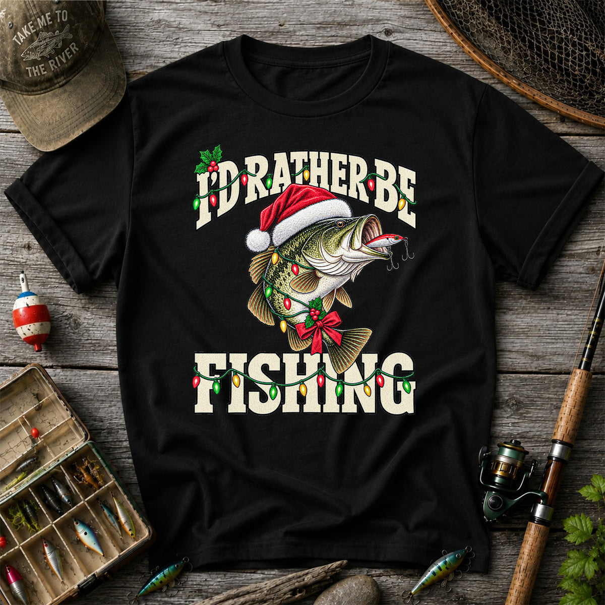 Santa Hat Bass Christmas Fishing Graphic T-Shirt