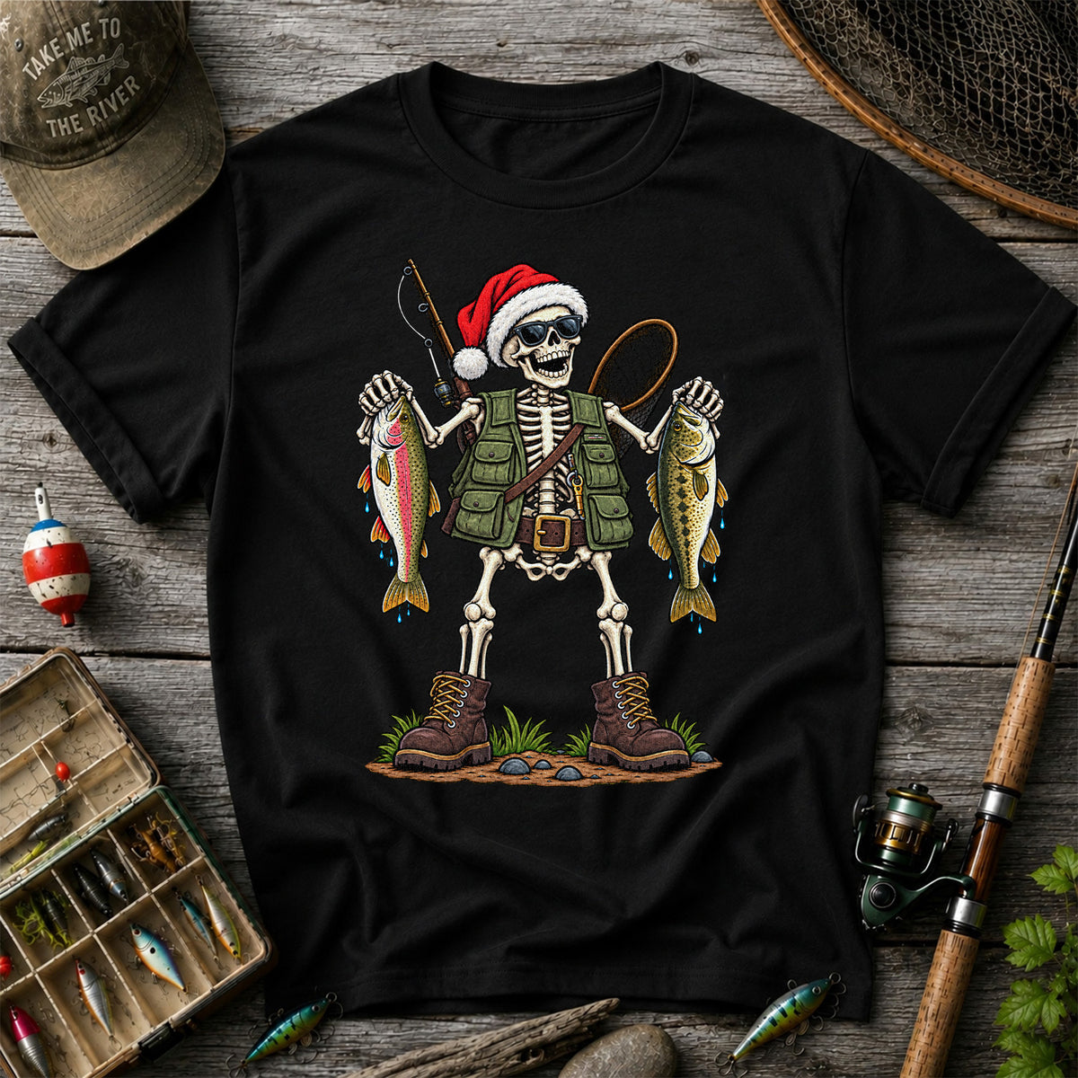 Santa Hat Skeleton Holding Trout and Bass Christmas Fishing T-Shirt