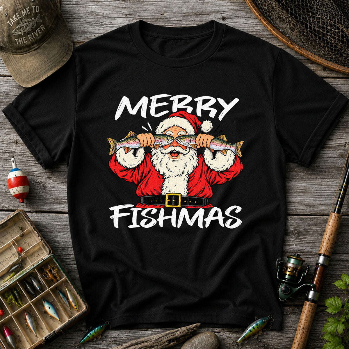 Merry Fishmas Santa Holding Rainbow Trout Christmas Fishing T-Shirt