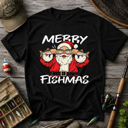 Merry Fishmas Santa Holding Rainbow Trout Christmas Fishing T-Shirt