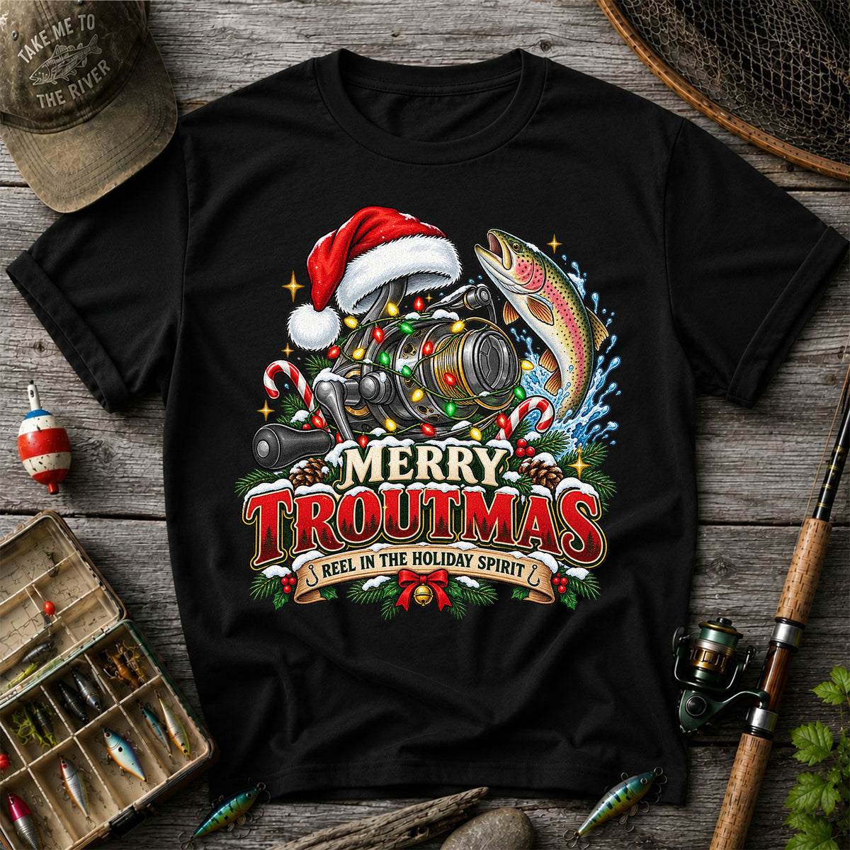 Merry Troutmas Reel in the Holiday Spirit Rainbow Trout and Fishing Reel T-Shirt