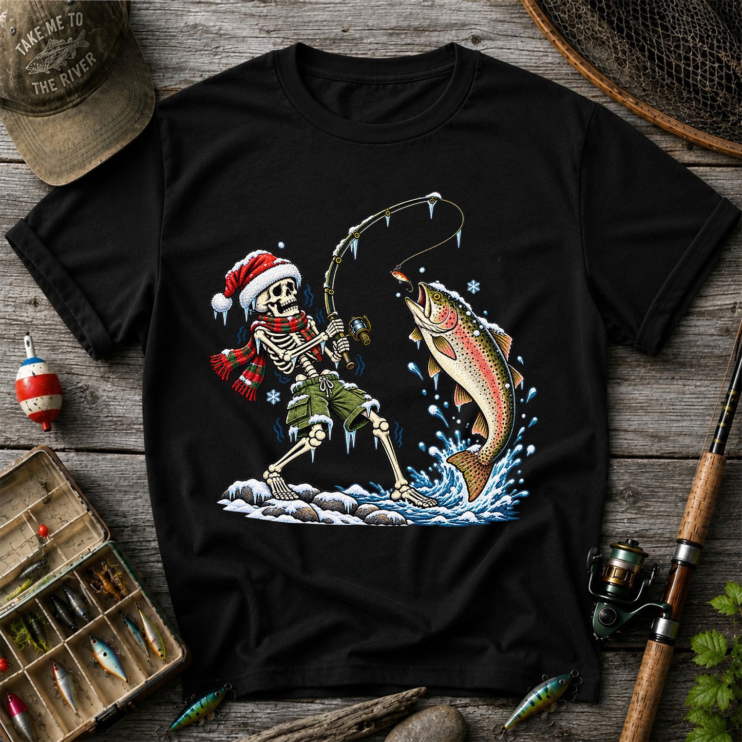 Christmas Skeleton Angler Catching a Rainbow Trout Fishing T-Shirt