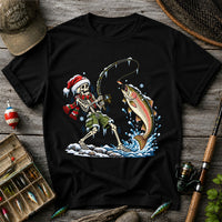 Christmas Skeleton Angler Catching a Rainbow Trout Fishing T-Shirt