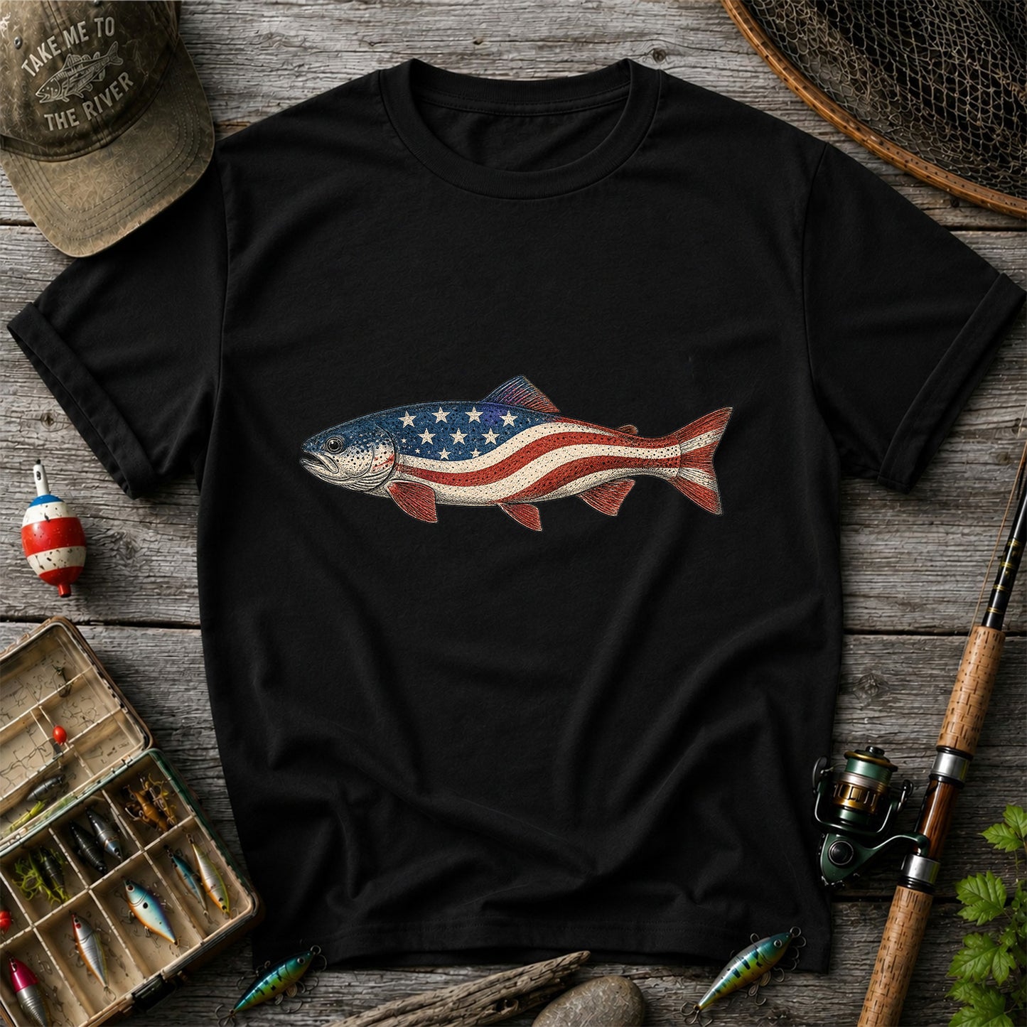 American Flag Trout Patriotic Fishing Graphic T-Shirt
