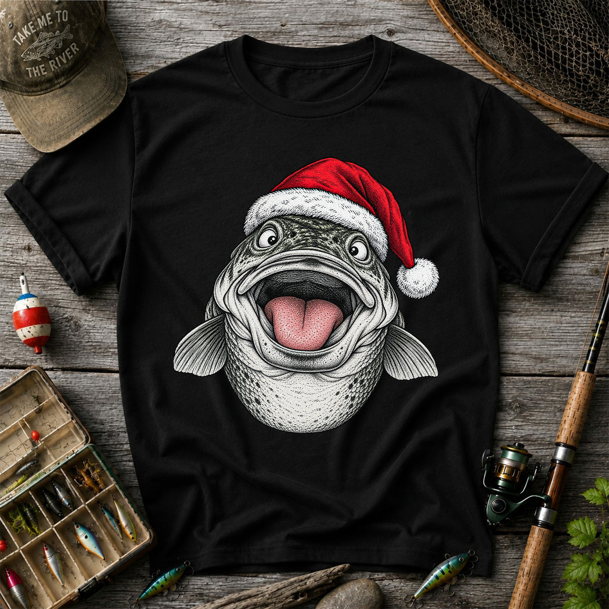 Funny Santa Hat Trout Christmas Fishing Graphic T-Shirt