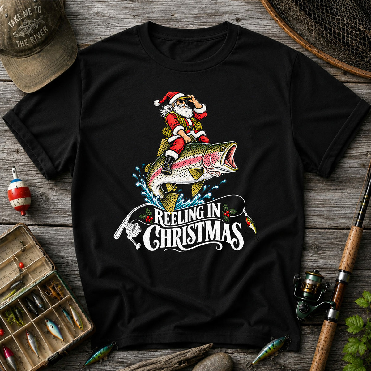 Reeling in Christmas Santa Rainbow Trout Fishing T-Shirt