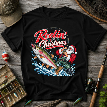 Reelin' in Christmas Santa Rainbow Trout Fishing T-Shirt