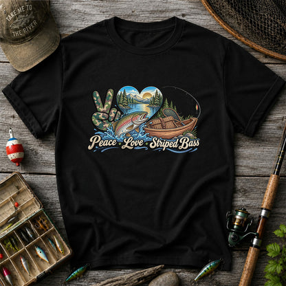 Peace Love Striped Bass Lake and Boat Fishing Graphic T-Shirt