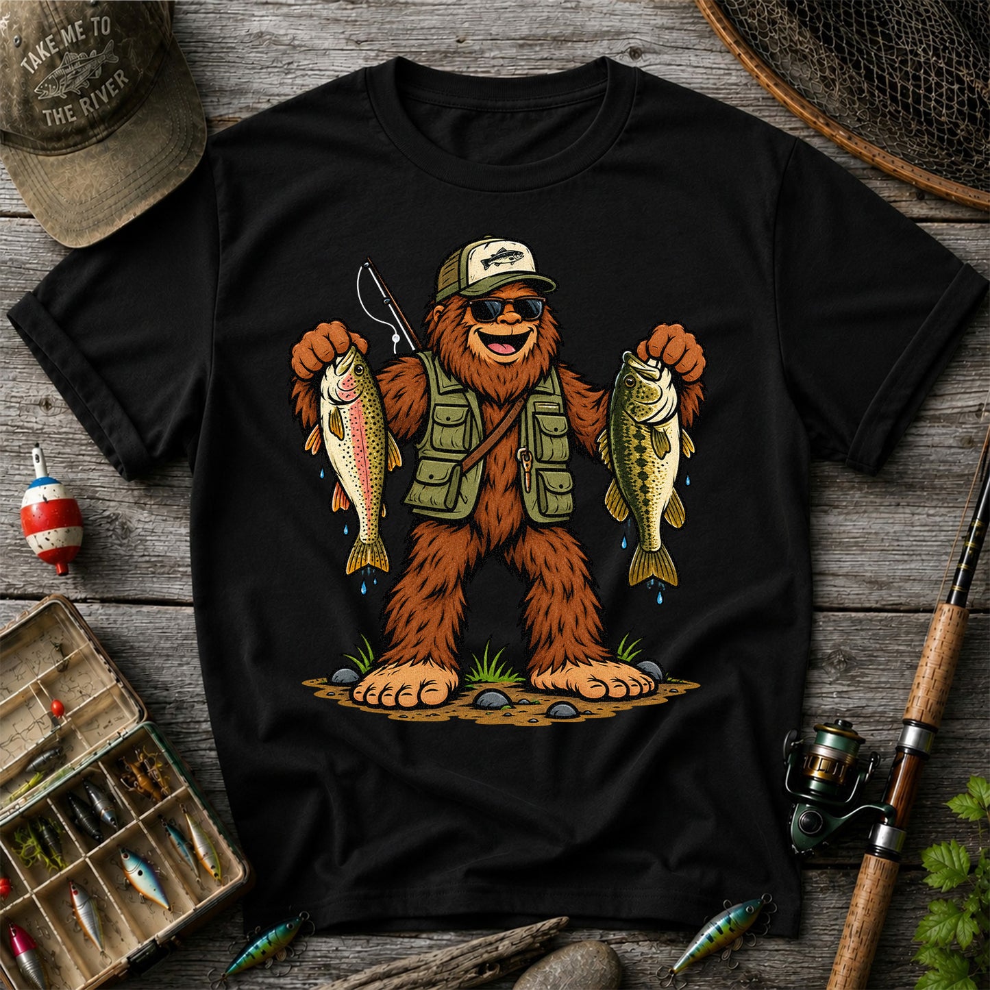 Bigfoot Holding Rainbow Trout and Bass Fishing Graphic T-Shirt