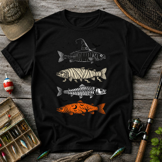 Halloween Witch Mummy Skeleton and Pumpkin Fish Graphic T-Shirt