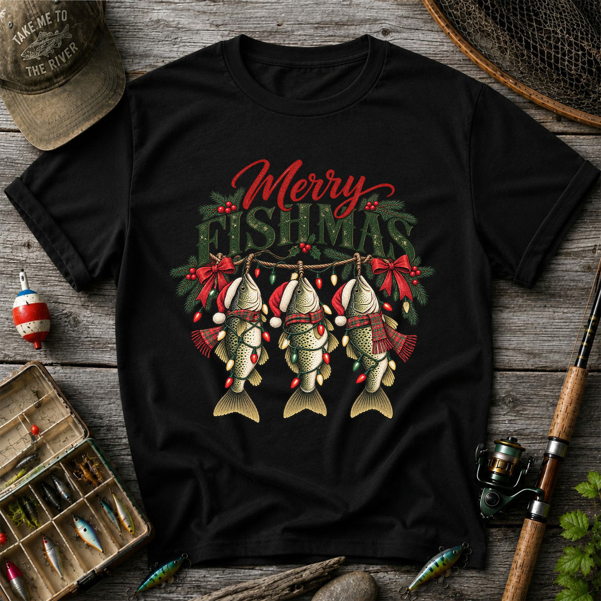 Merry Fishmas Christmas Trout Fishing Graphic T-Shirt