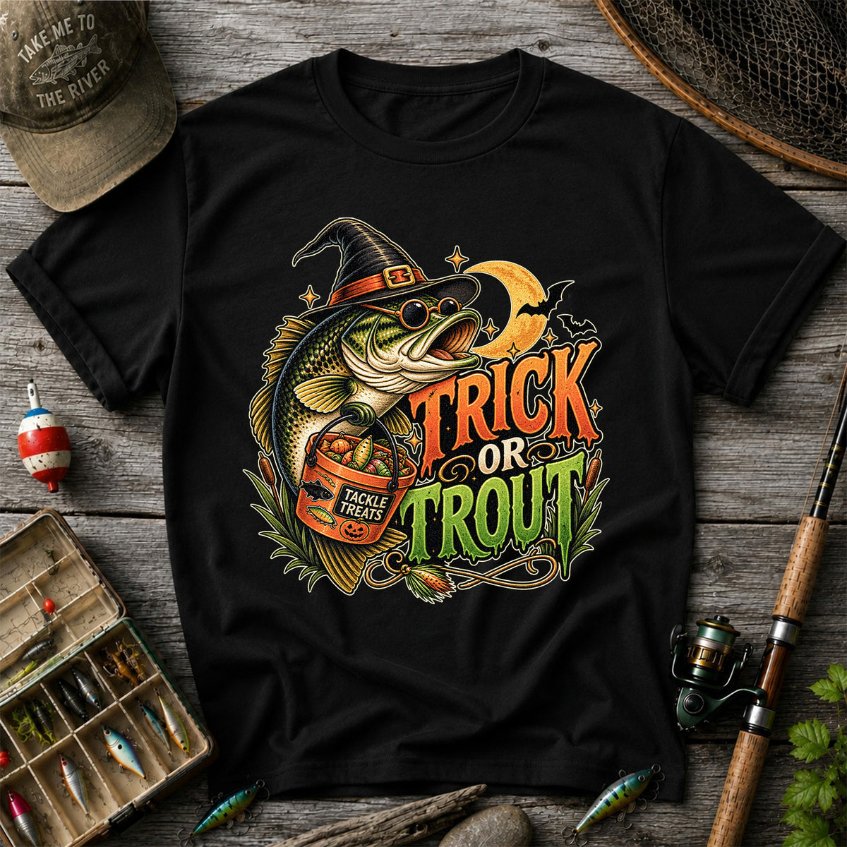 Trick or Trout Bass in Witch Hat with Tackle Treats Halloween Fishing T-Shirt