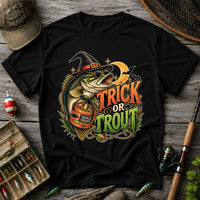 Trick or Trout Bass in Witch Hat with Tackle Treats Halloween Fishing T-Shirt