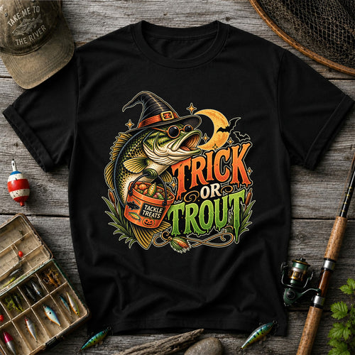 Trick or Trout Bass in Witch Hat with Tackle Treats Halloween Fishing T-Shirt