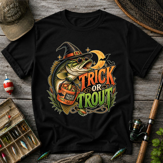 Trick or Trout Bass in Witch Hat with Tackle Treats Halloween Fishing T-Shirt