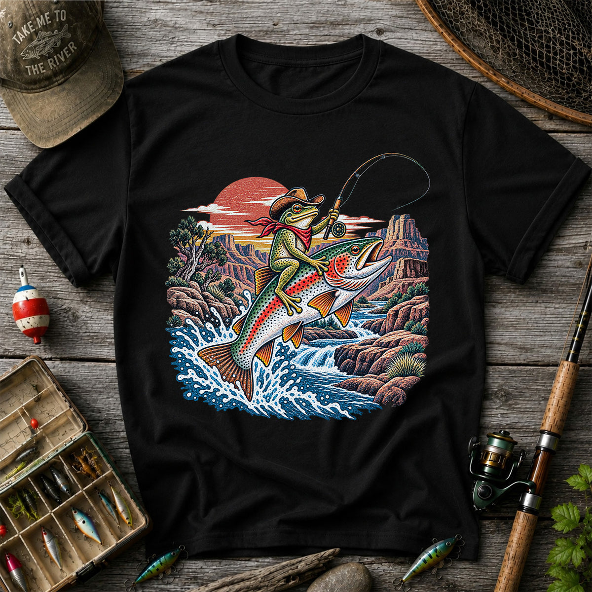Cowboy Frog Riding a Rainbow Trout Canyon Fishing Graphic T-Shirt
